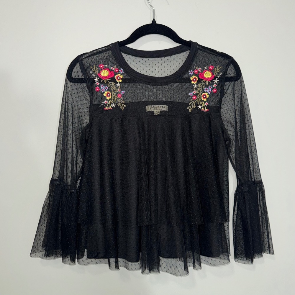 Living Doll Black Mesh Floral Embroidered Tiered Bell Sleeve Top Womens Large